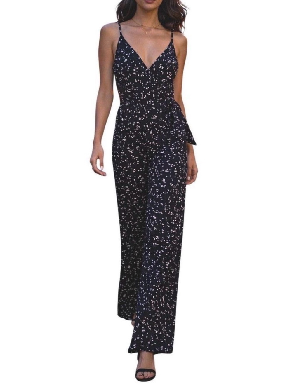 Kaileigh Black & Cream Abstract Print Wide-Leg Romper | Size Large - Picture 2 of 6